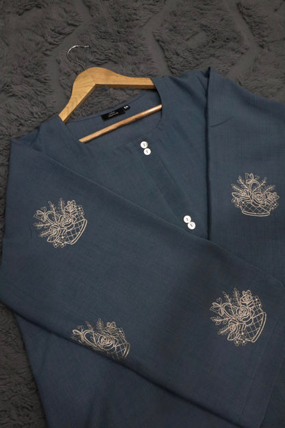 Basket Embroidered Linen Abaya