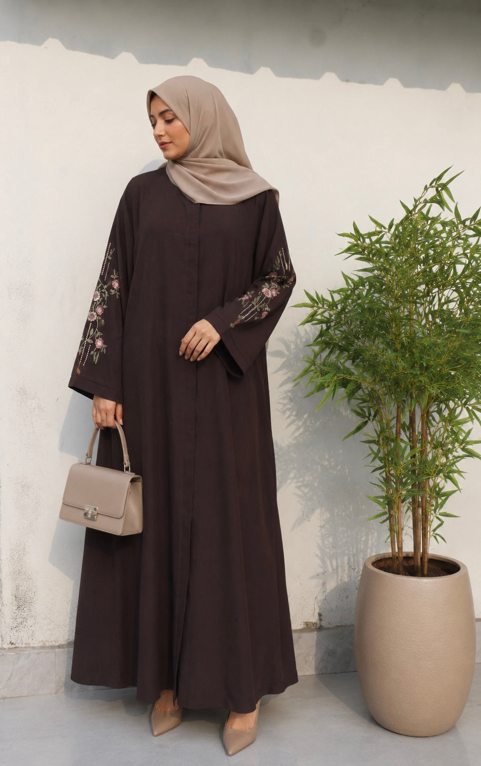 Brown Embroidered Linen Abaya