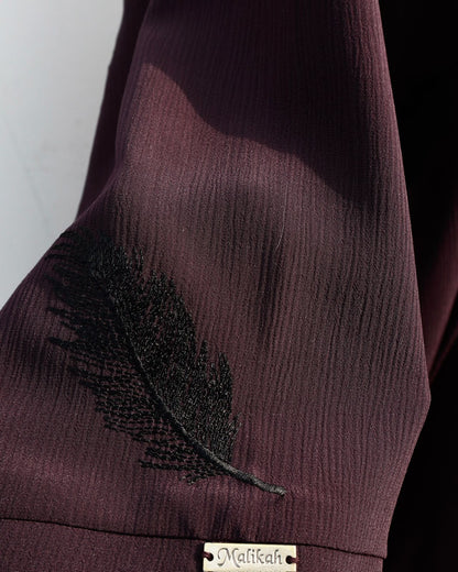Deep Burgundy Feather Embroidery Abaya