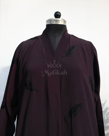 Deep Burgundy Feather Embroidery Abaya