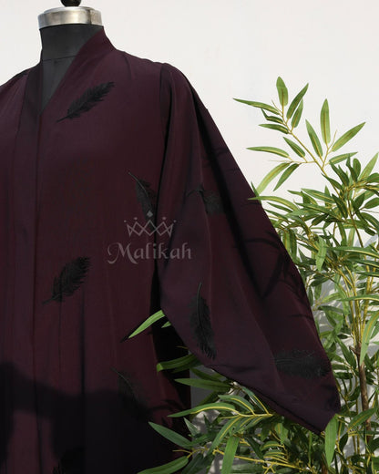 Deep Burgundy Feather Embroidery Abaya