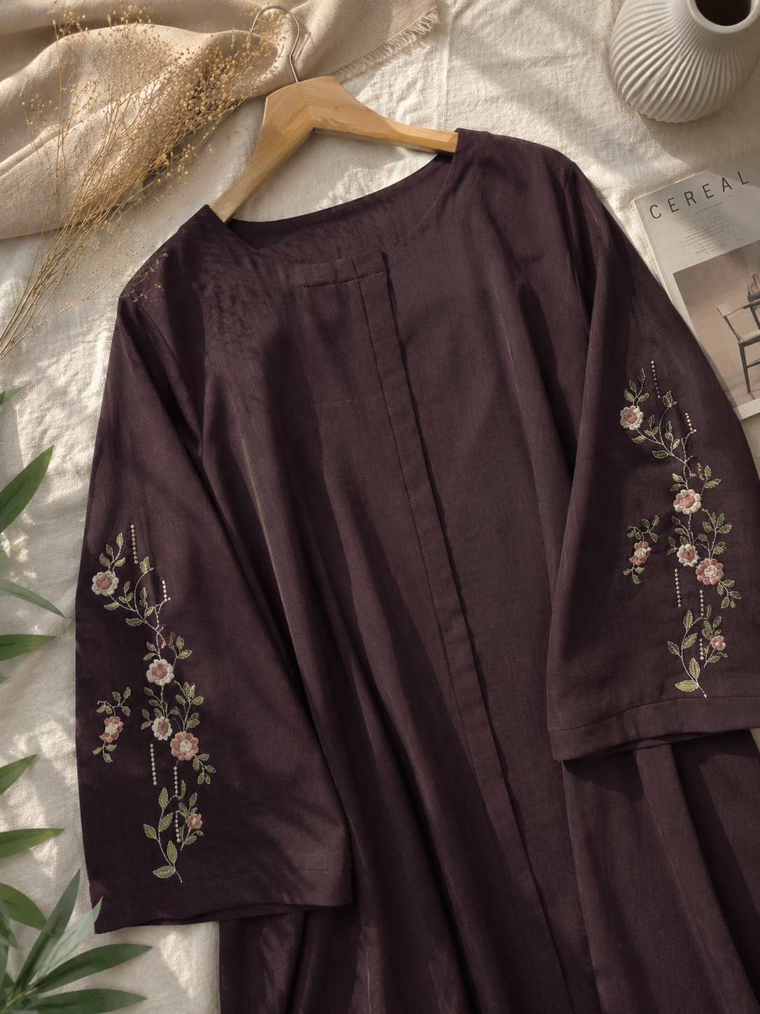Brown Embroidered Linen Abaya