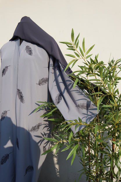 Light Grey Feather Embroidery Abaya