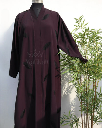 Deep Burgundy Feather Embroidery Abaya
