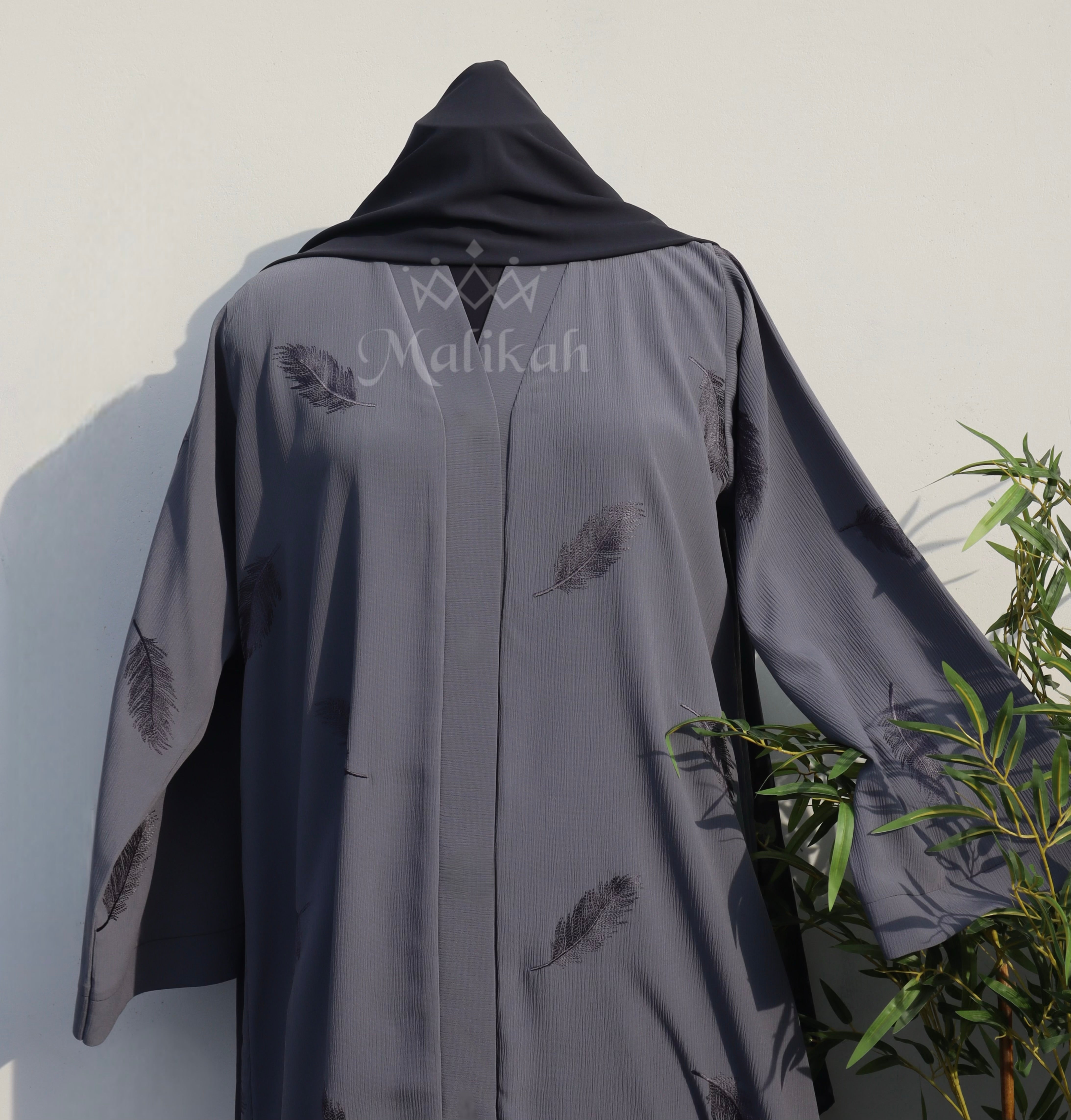 Deep Grey Feather Embroidery Abaya